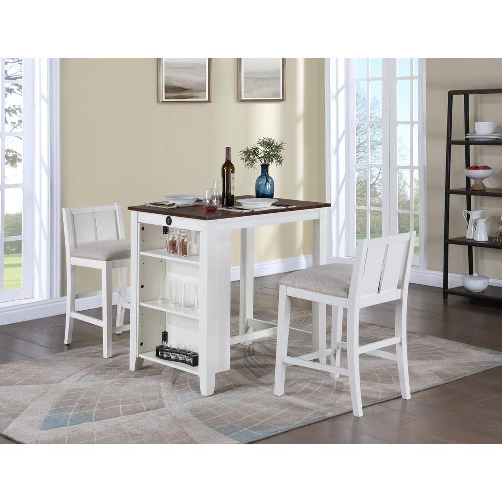 3-Piece White Finish Small Space Counter Height Dining Table with Shelves