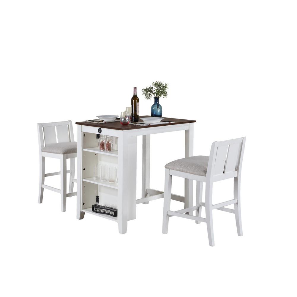 3-Piece White Finish Small Space Counter Height Dining Table with Shelves