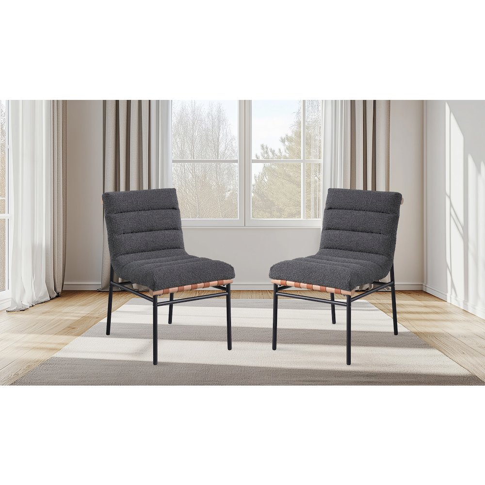 Lahni Dark Gray Boucle Fabric Set of 2 Dining Chair with Black Iron Legs