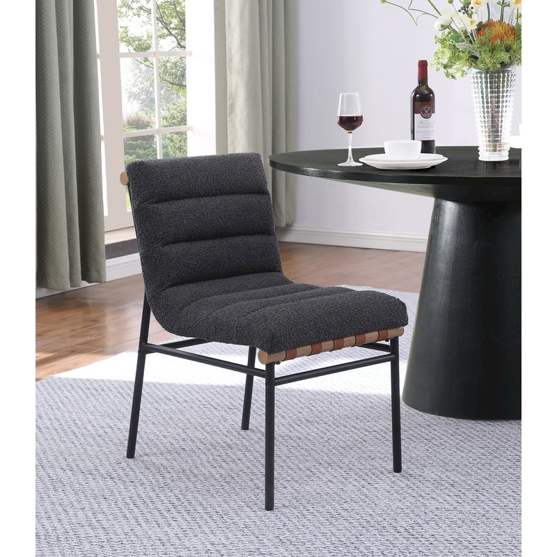 Lahni Dark Gray Boucle Fabric Set of 2 Dining Chair with Black Iron Legs