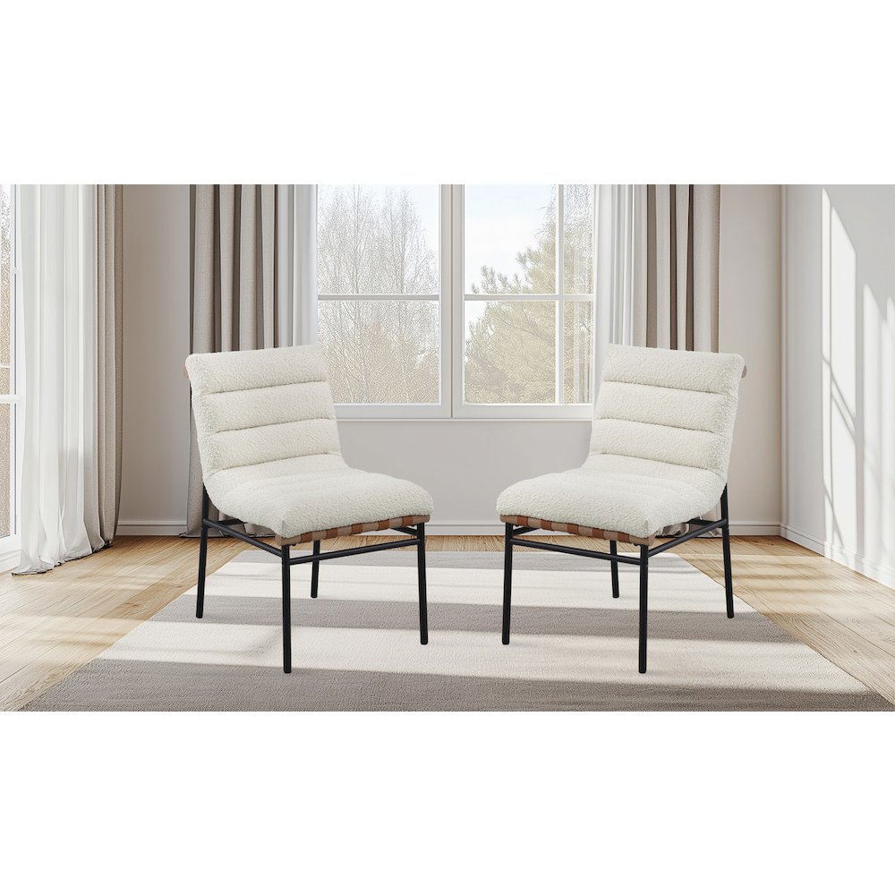 Lahni White Boucle Fabric Set of 2 Dining Chair with Black Iron Legs