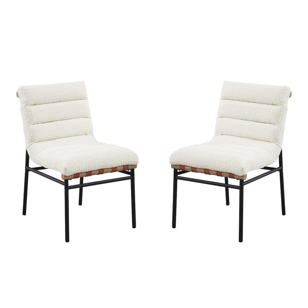 Lahni White Boucle Fabric Set of 2 Dining Chair with Black Iron Legs