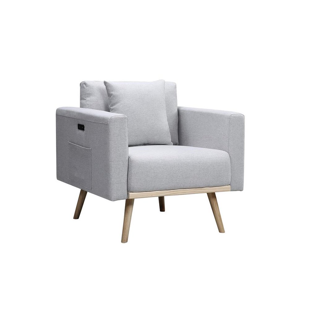 Easton Light Gray Linen Fabric Chair with USB Charging Ports Pockets & Pillows