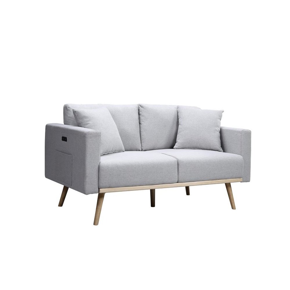 Easton Light Gray Linen Fabric Loveseat with USB Charging Ports Pockets & Pillows