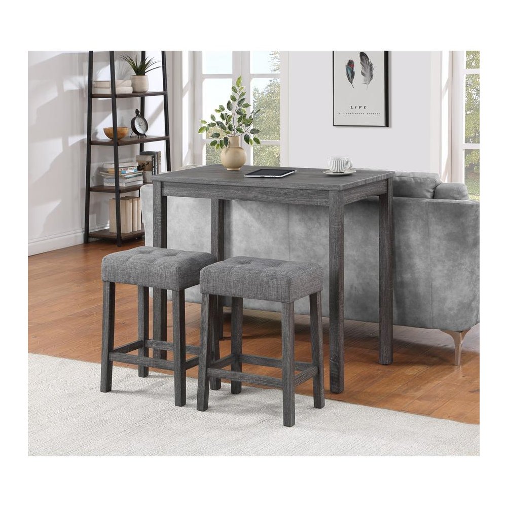 Lux Gray 3 Piece Counter Height 36″ Pub Table Set with Tufted Gray Linen Stools