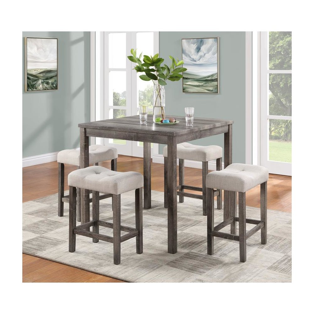 Lucian Brown 5 Piece Counter Height 36″ Pub Table Set with Tufted Creamy White Linen Stools