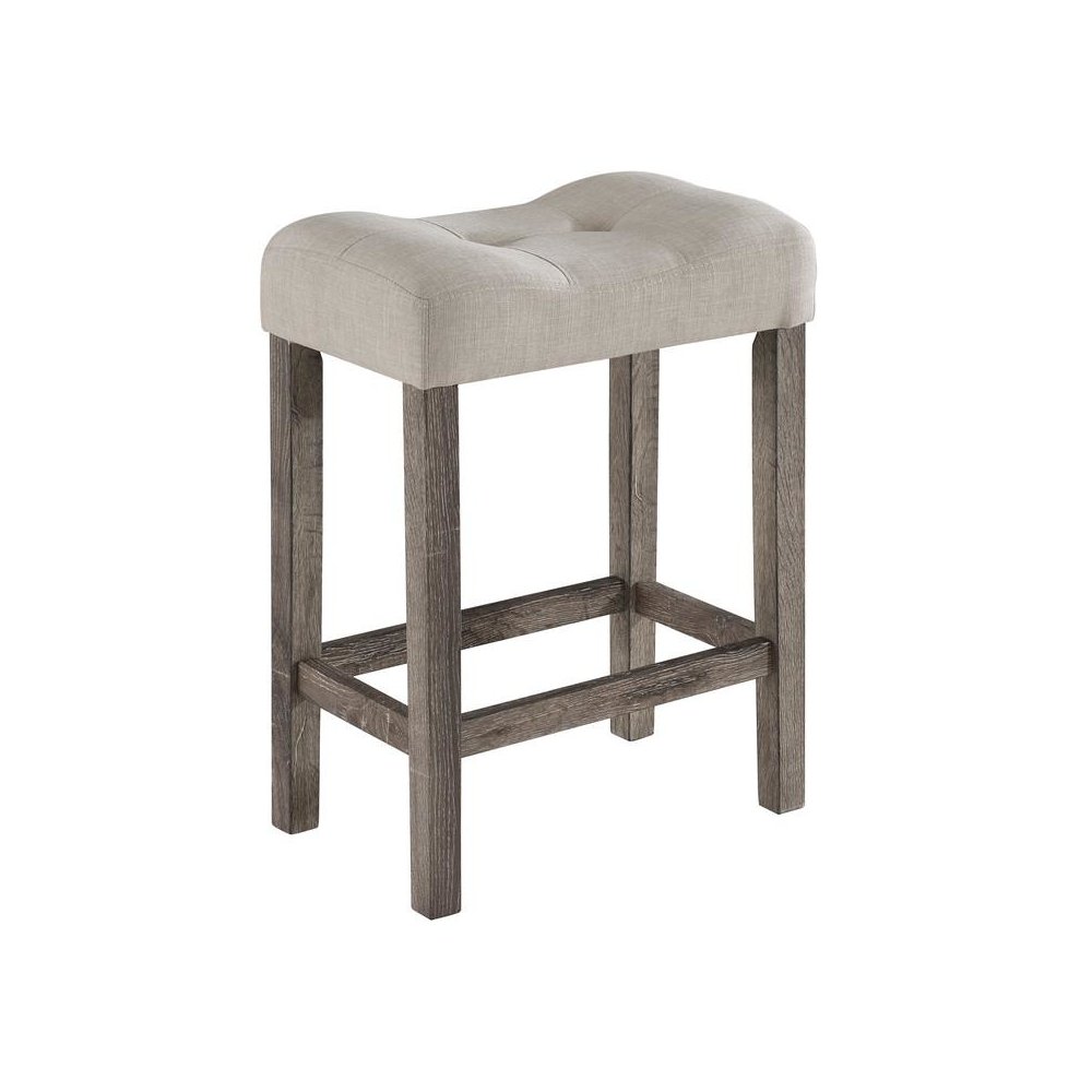 Lucian Brown 5 Piece Counter Height 36″ Pub Table Set with Tufted Creamy White Linen Stools