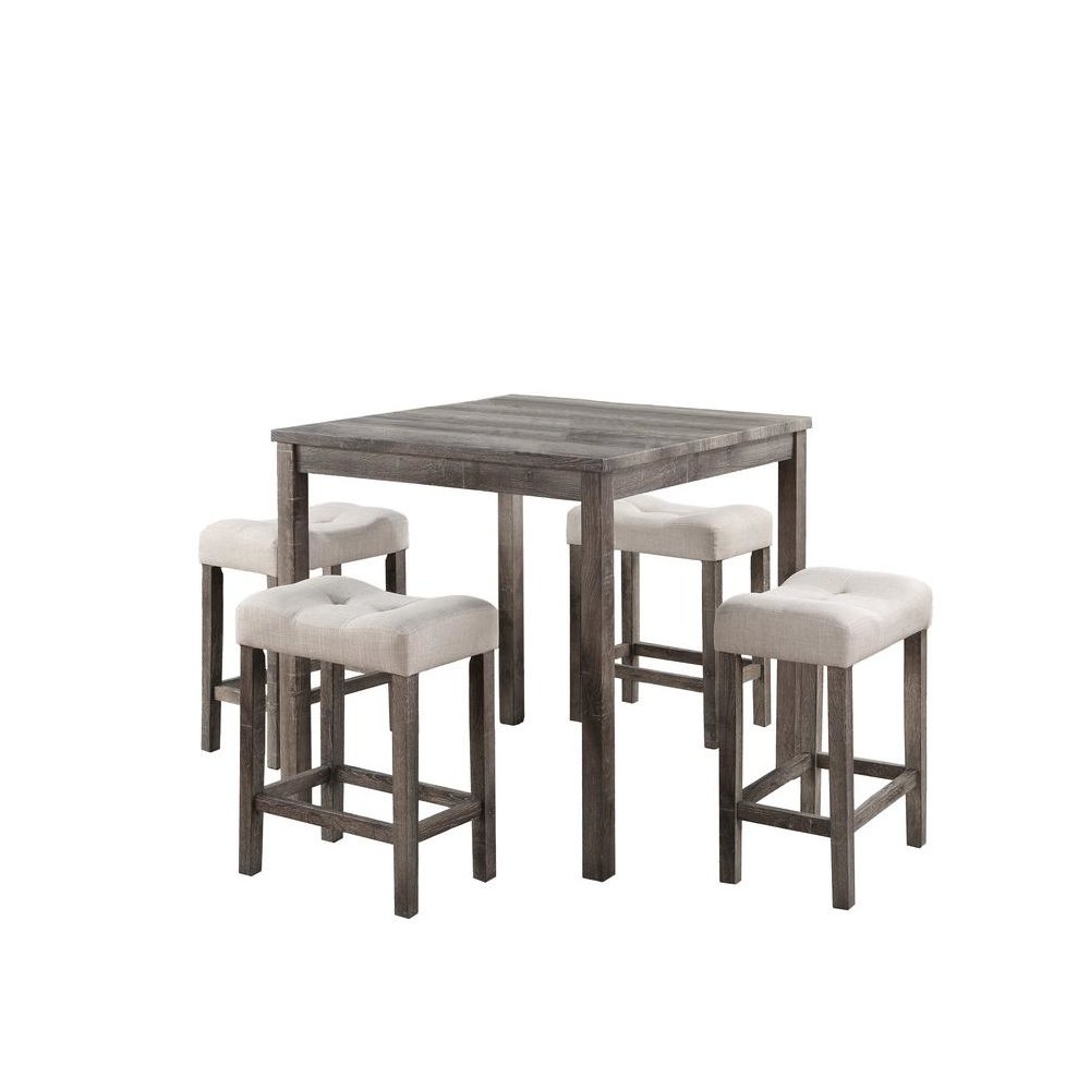 Lucian Brown 5 Piece Counter Height 36″ Pub Table Set with Tufted Creamy White Linen Stools