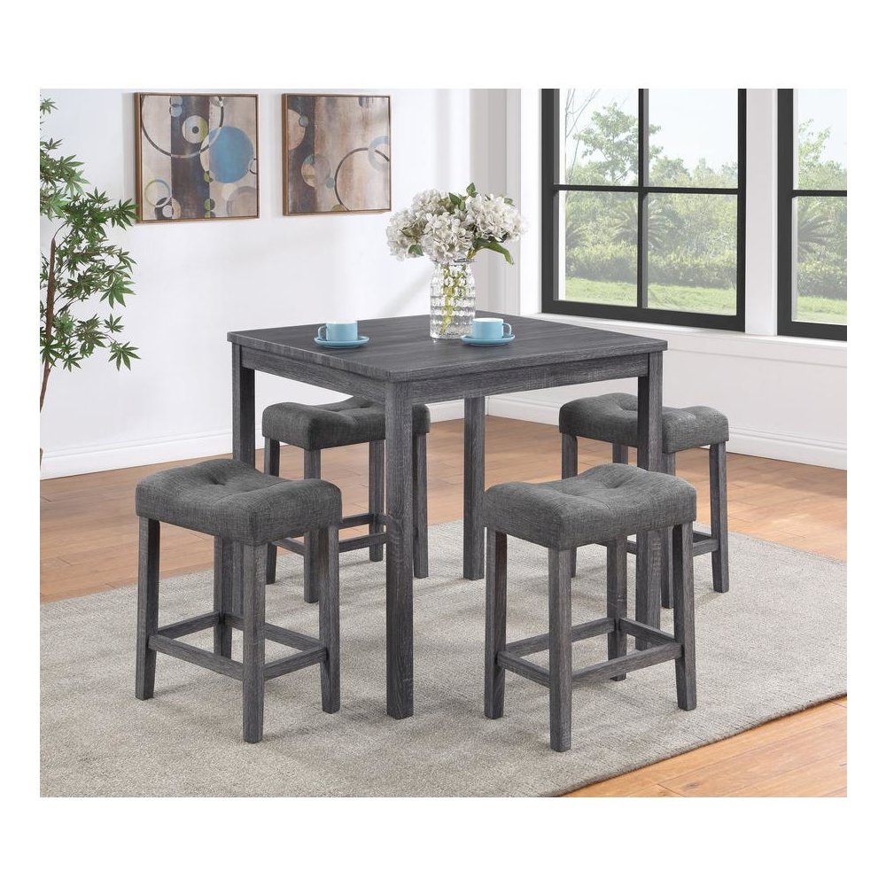 Lucian Gray 5 Piece Counter Height 36″ Pub Table Set with Tufted Gray Linen Stools