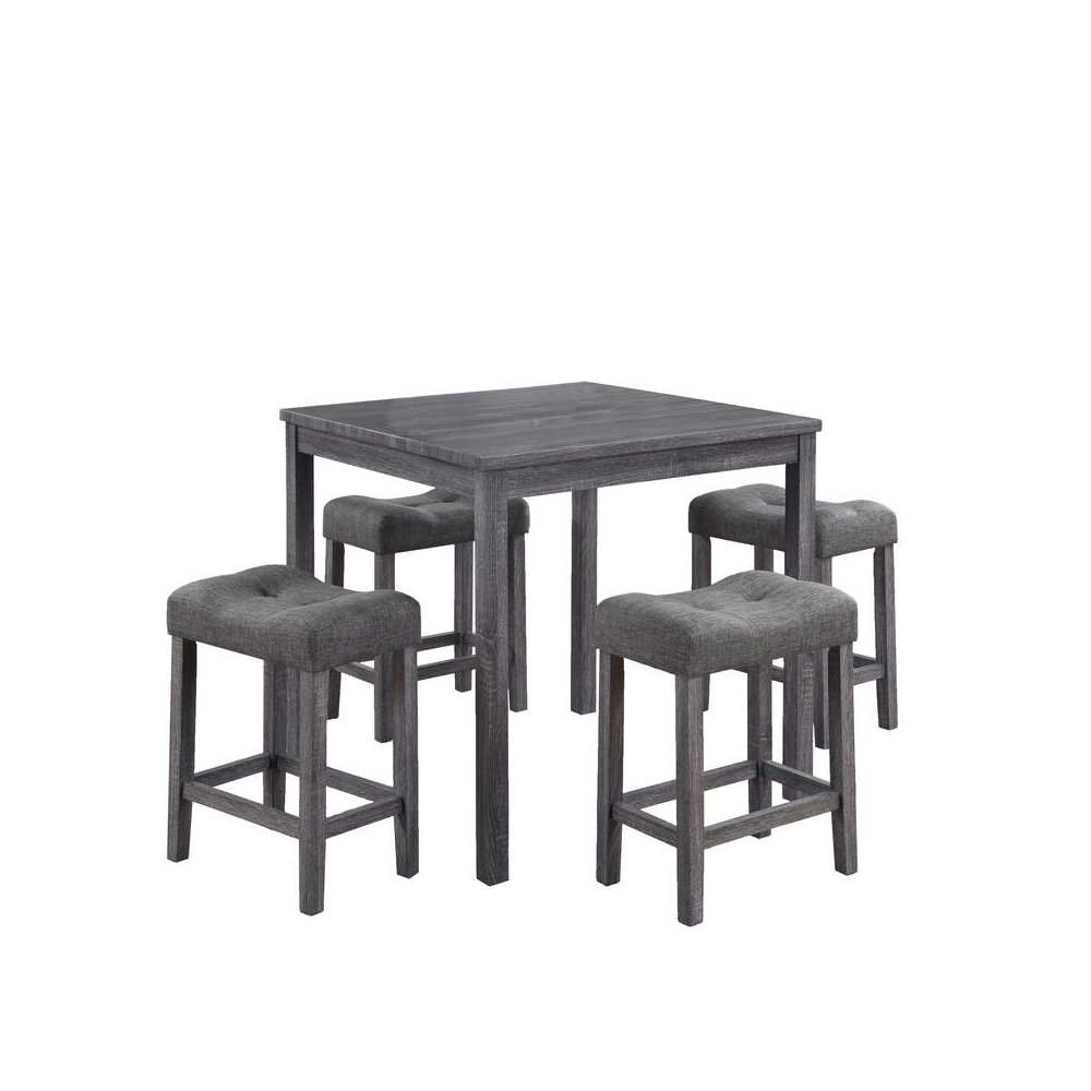Lucian Gray 5 Piece Counter Height 36″ Pub Table Set with Tufted Gray Linen Stools