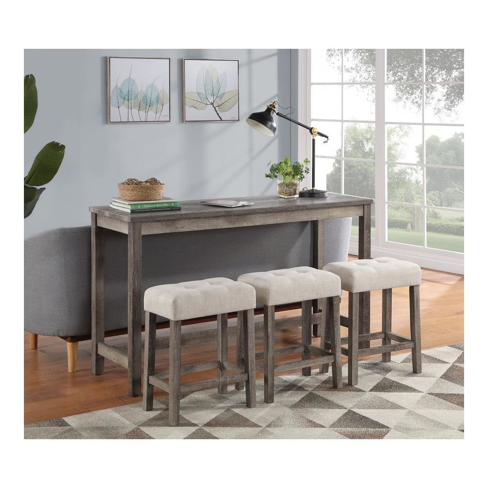 Oriana Brown 4 Piece Counter Height 36″ Pub Table Set with Tufted Creamy White Linen Stools