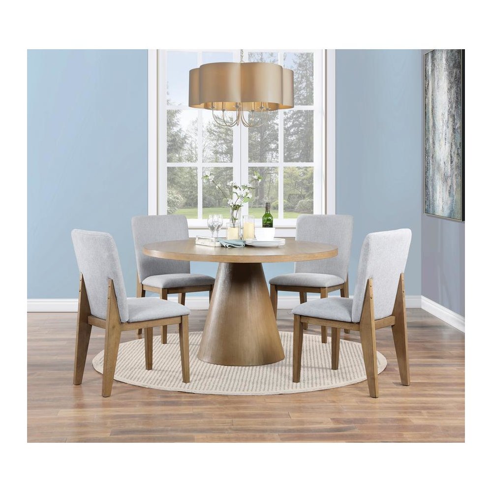 Delphine 5 Piece Round Oak Finish Dining Table Set with Gray Chairs