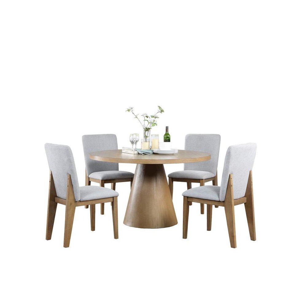 Delphine 5 Piece Round Oak Finish Dining Table Set with Gray Chairs