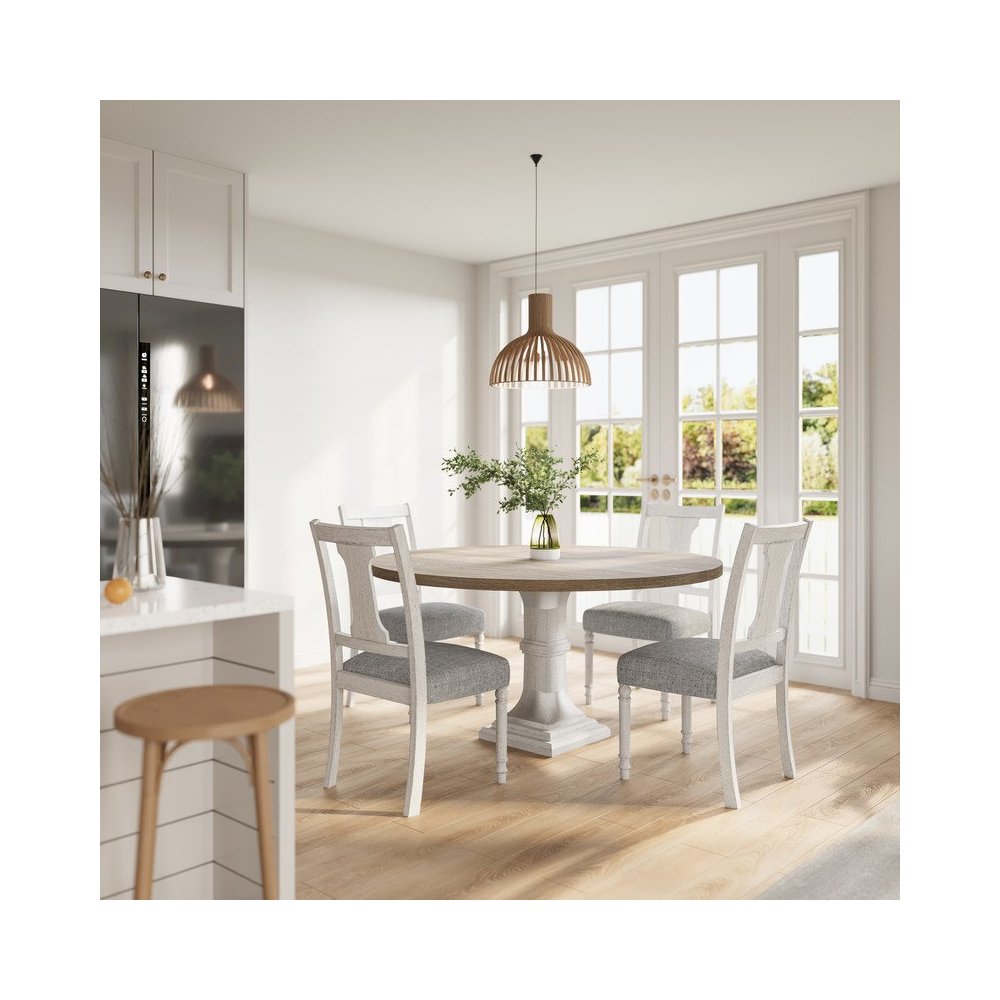 Tannen 59″W Round White and Gray 5-Pc Dining Table Set