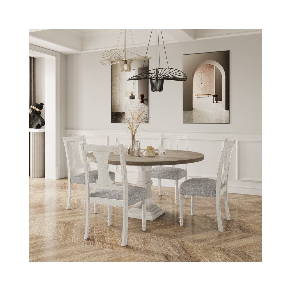 Tannen 59″W Round White and Gray 5-Pc Dining Table Set