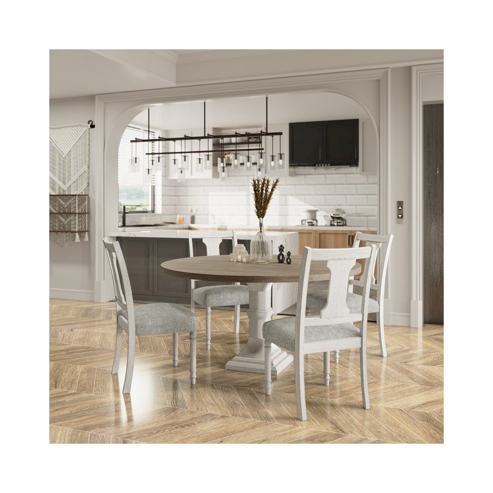 Tannen 59″W Round White and Gray 5-Pc Dining Table Set