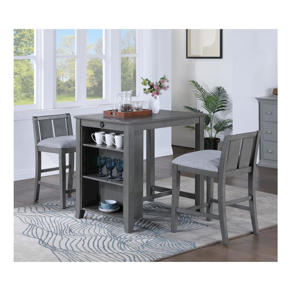 3-Piece Gray Finish Small Space Counter Height Dining Table with Shelves