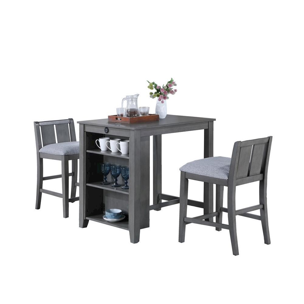 3-Piece Gray Finish Small Space Counter Height Dining Table with Shelves