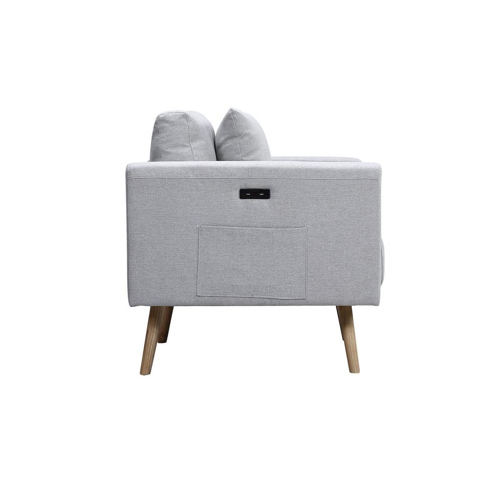 Easton Light Gray Linen Fabric Chair with USB Charging Ports Pockets & Pillows