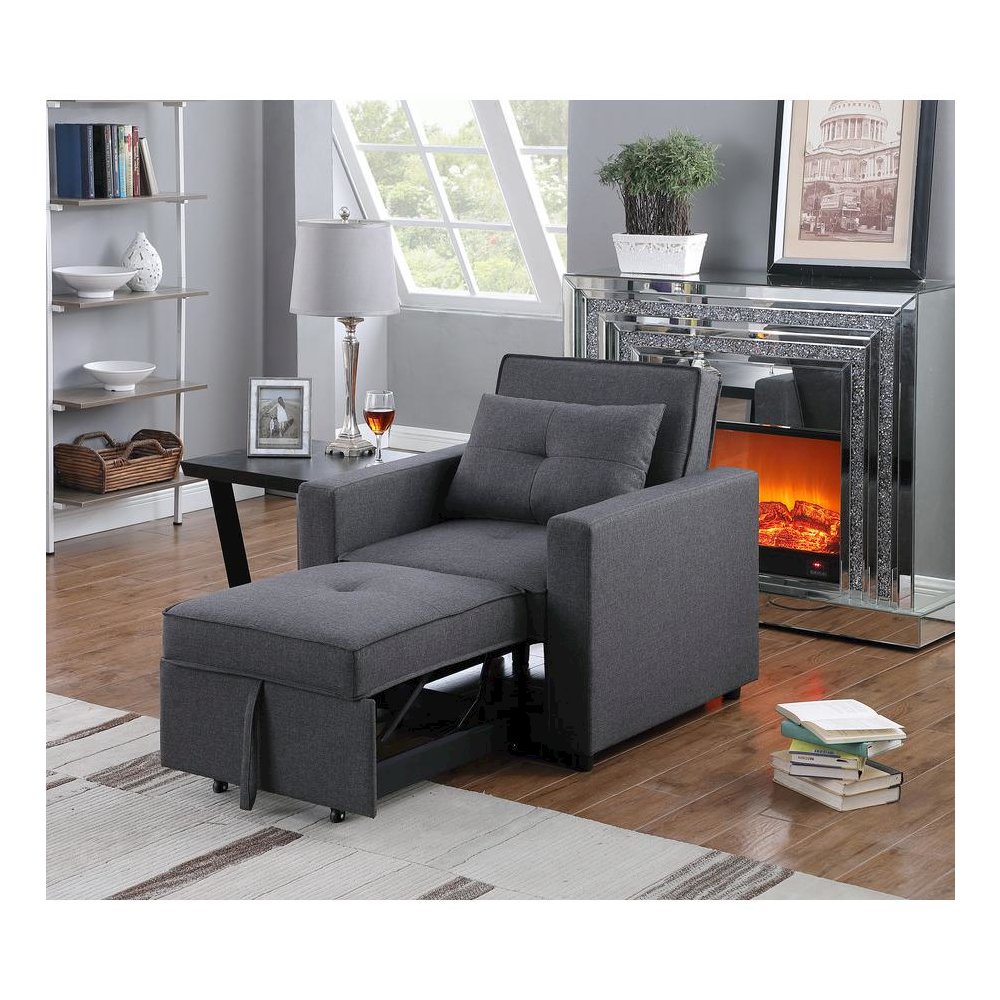 Zoey Dark Gray Linen Convertible Sleeper Chair with Side Pocket