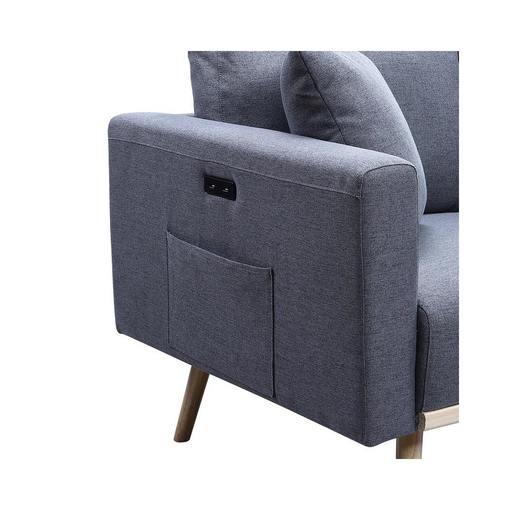 Easton Dark Gray Linen Fabric Chair with USB Charging Ports Pockets & Pillows