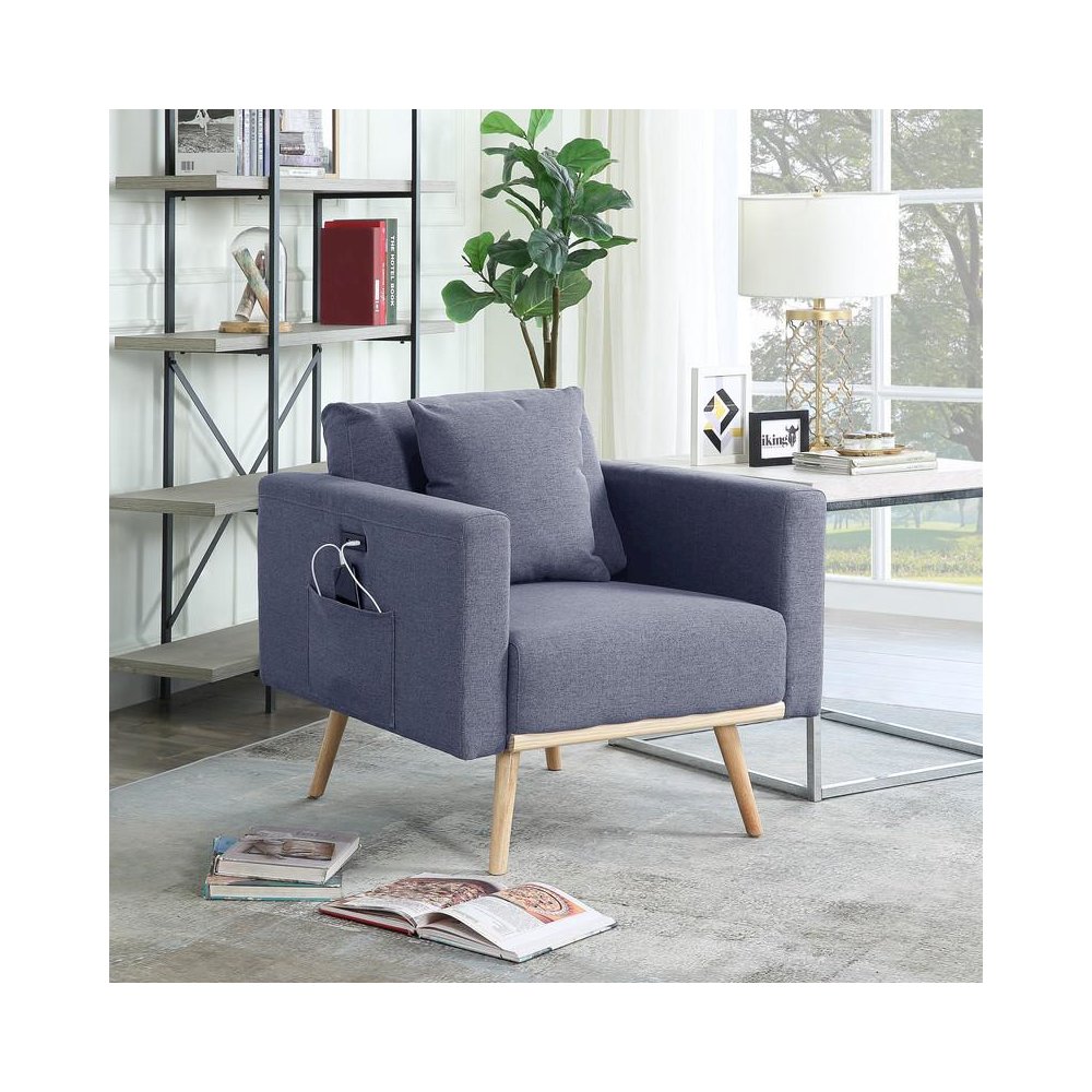 Easton Dark Gray Linen Fabric Chair with USB Charging Ports Pockets & Pillows