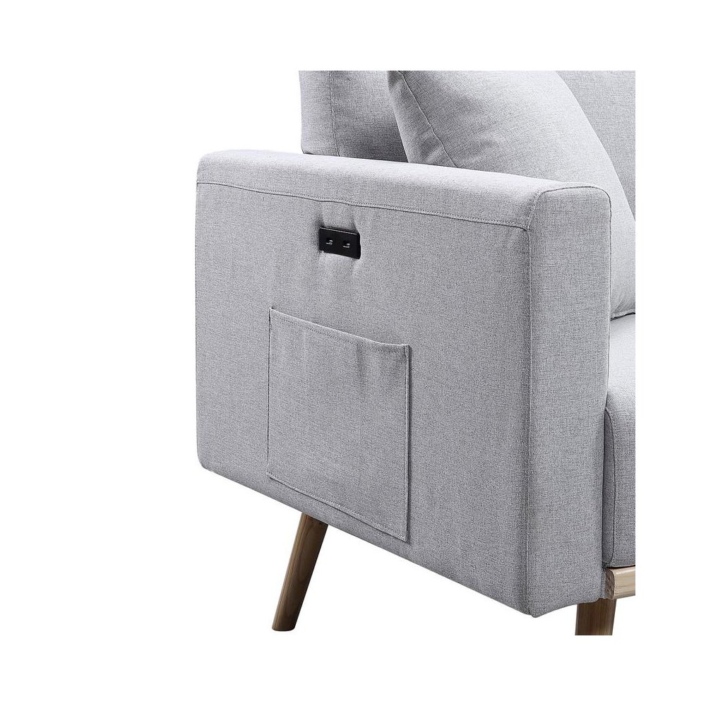 Easton Light Gray Linen Fabric Chair with USB Charging Ports Pockets & Pillows