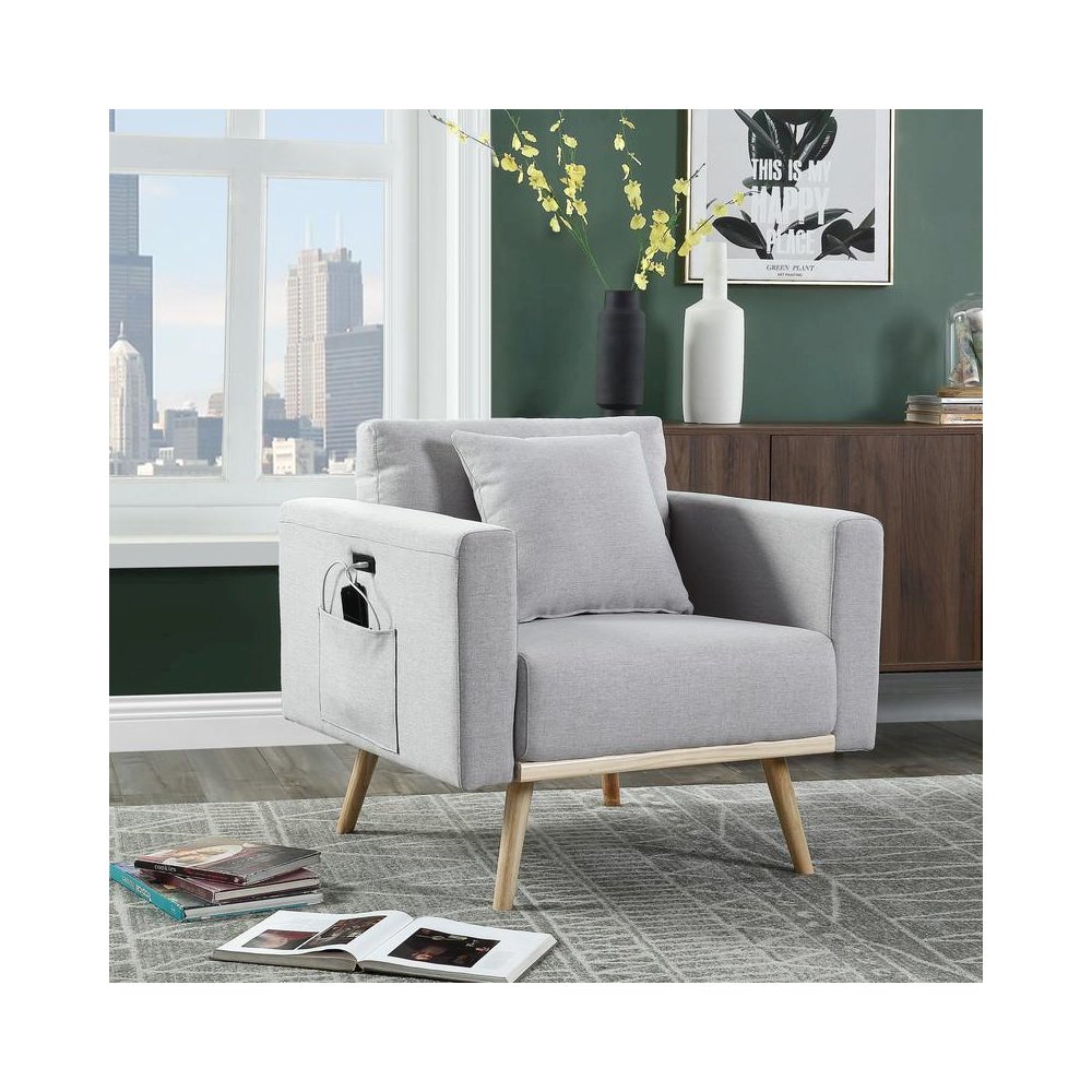 Easton Light Gray Linen Fabric Chair with USB Charging Ports Pockets & Pillows