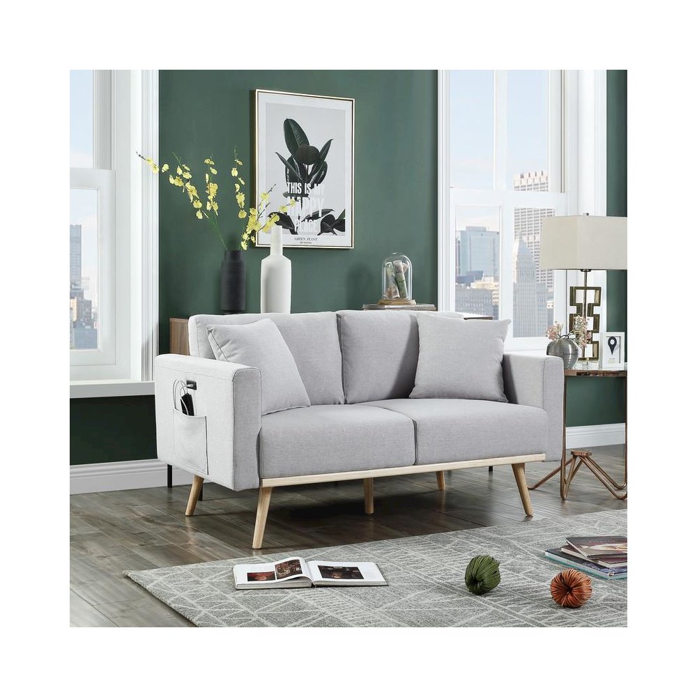 Easton Light Gray Linen Fabric Loveseat with USB Charging Ports Pockets & Pillows