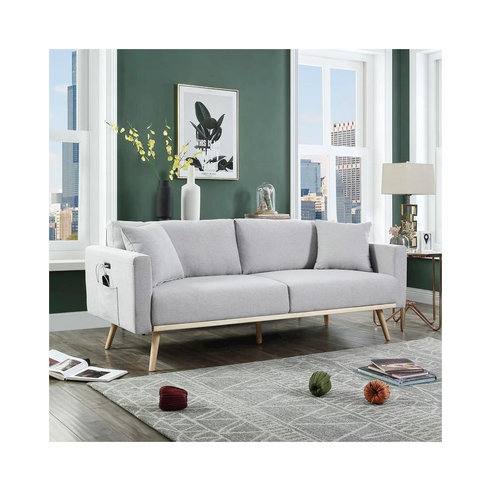 Easton Light Gray Linen Fabric Sofa with USB Charging Ports Pockets & Pillows
