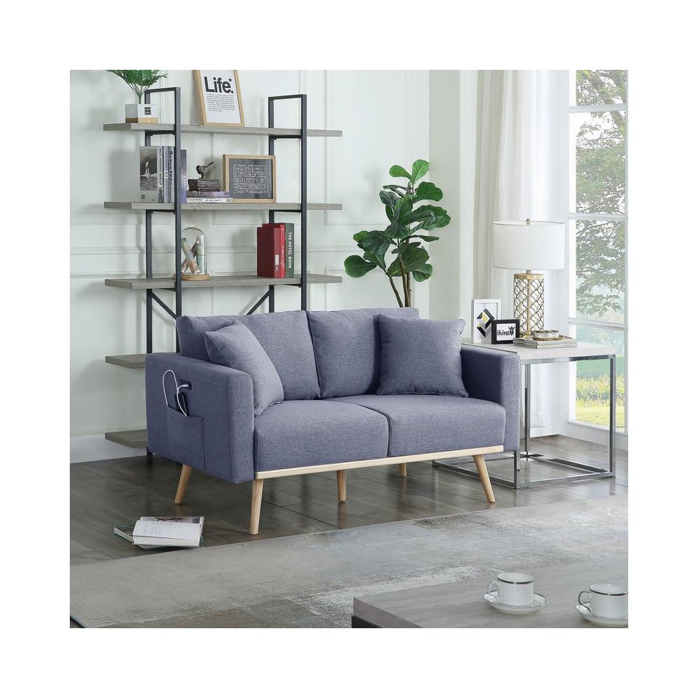 Easton Dark Gray Linen Fabric Loveseat with USB Charging Ports Pockets & Pillows