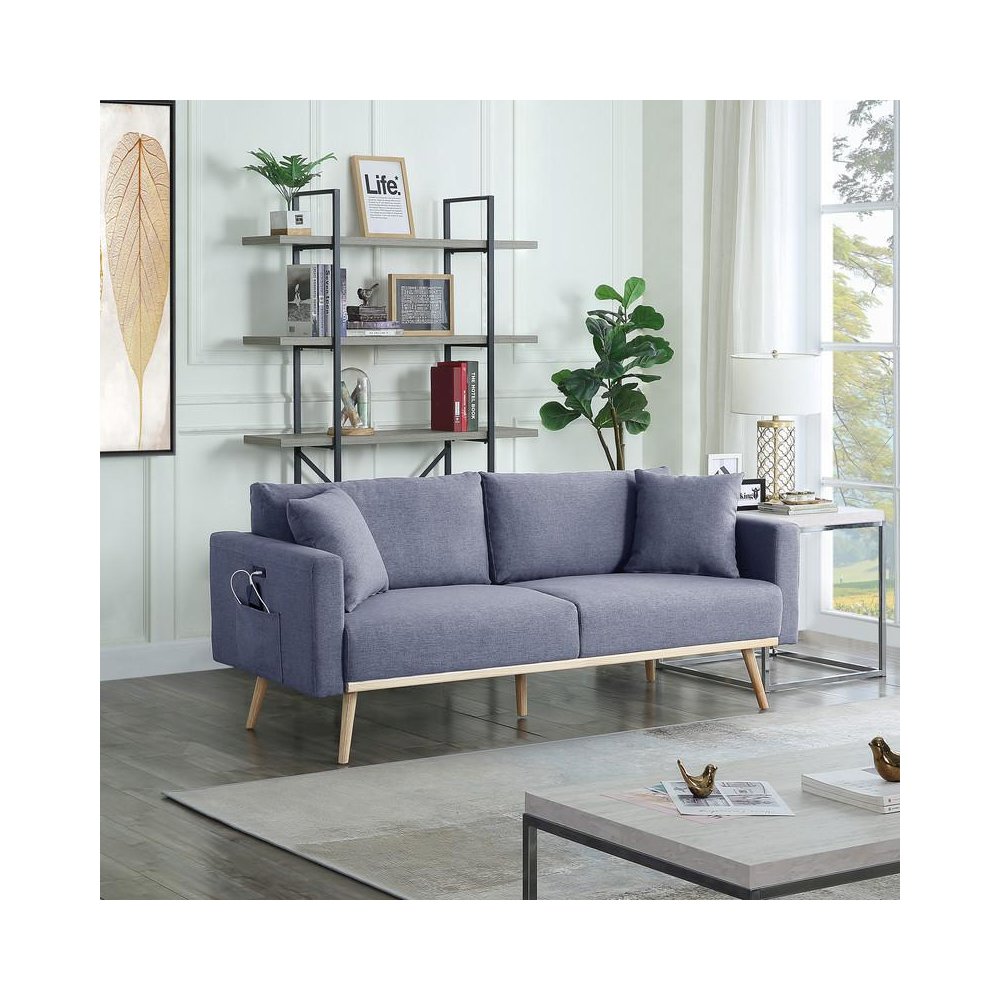 Easton Dark Gray Linen Fabric Sofa with USB Charging Ports Pockets & Pillows