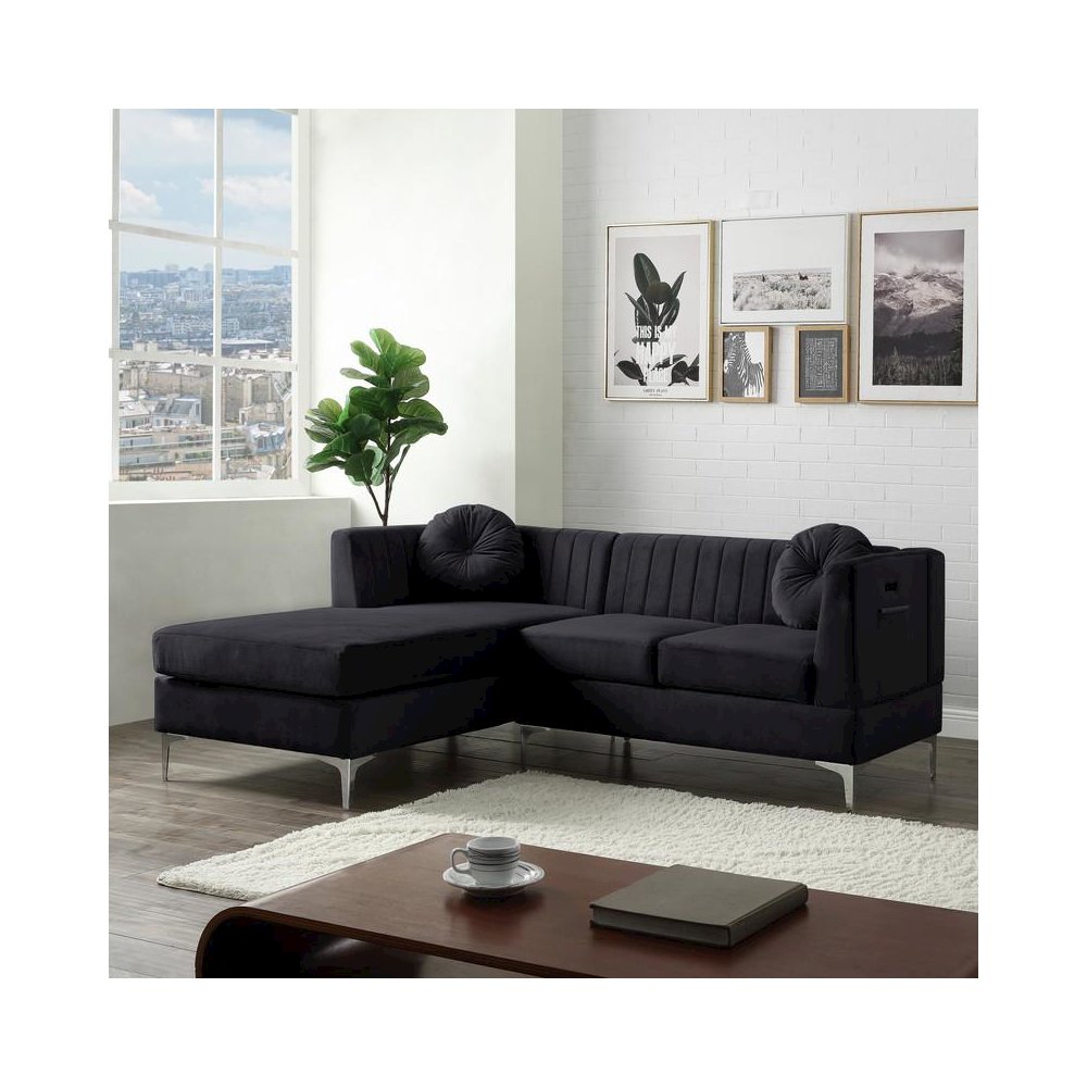 Chloe Black Velvet Sectional Sofa Chaise with USB Charging Port