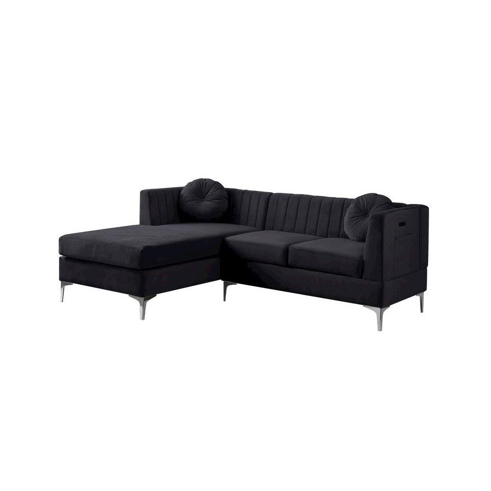 Chloe Black Velvet Sectional Sofa Chaise with USB Charging Port