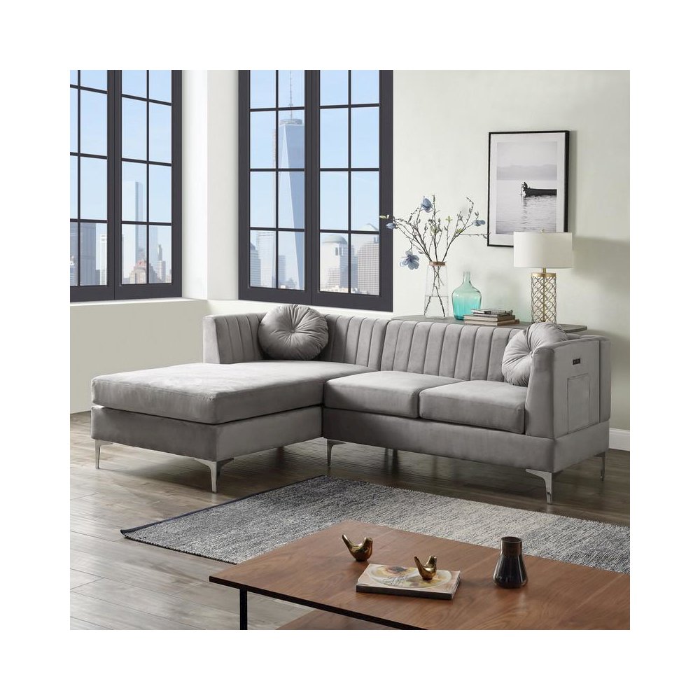 Chloe Gray Velvet Sectional Sofa Chaise with USB Charging Port