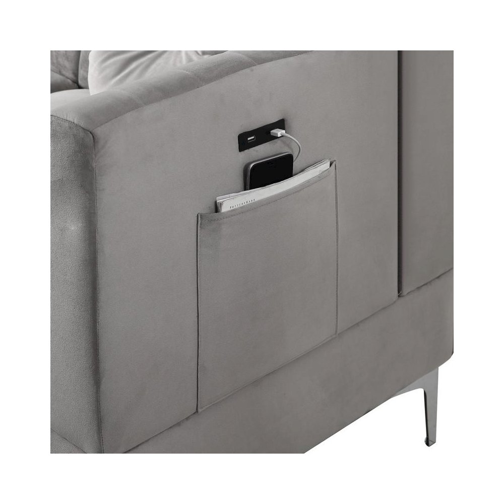 Chloe Gray Velvet Sectional Sofa Chaise with USB Charging Port