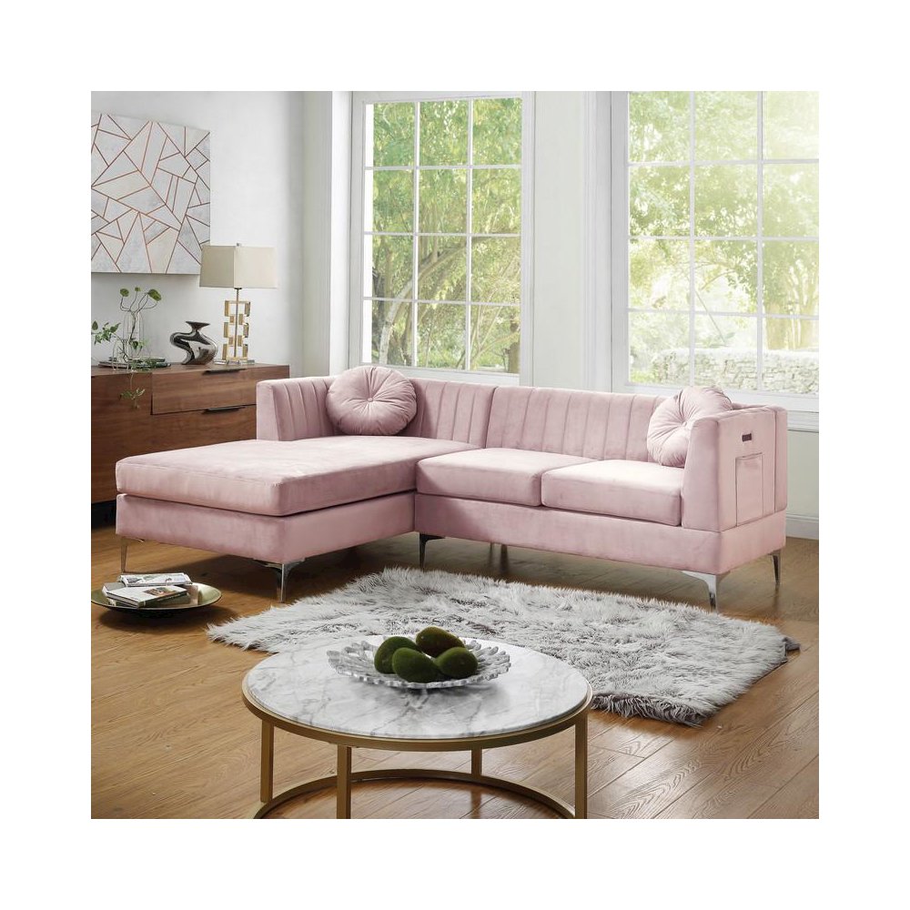 Chloe Pink Velvet Sectional Sofa Chaise with USB Charging Port