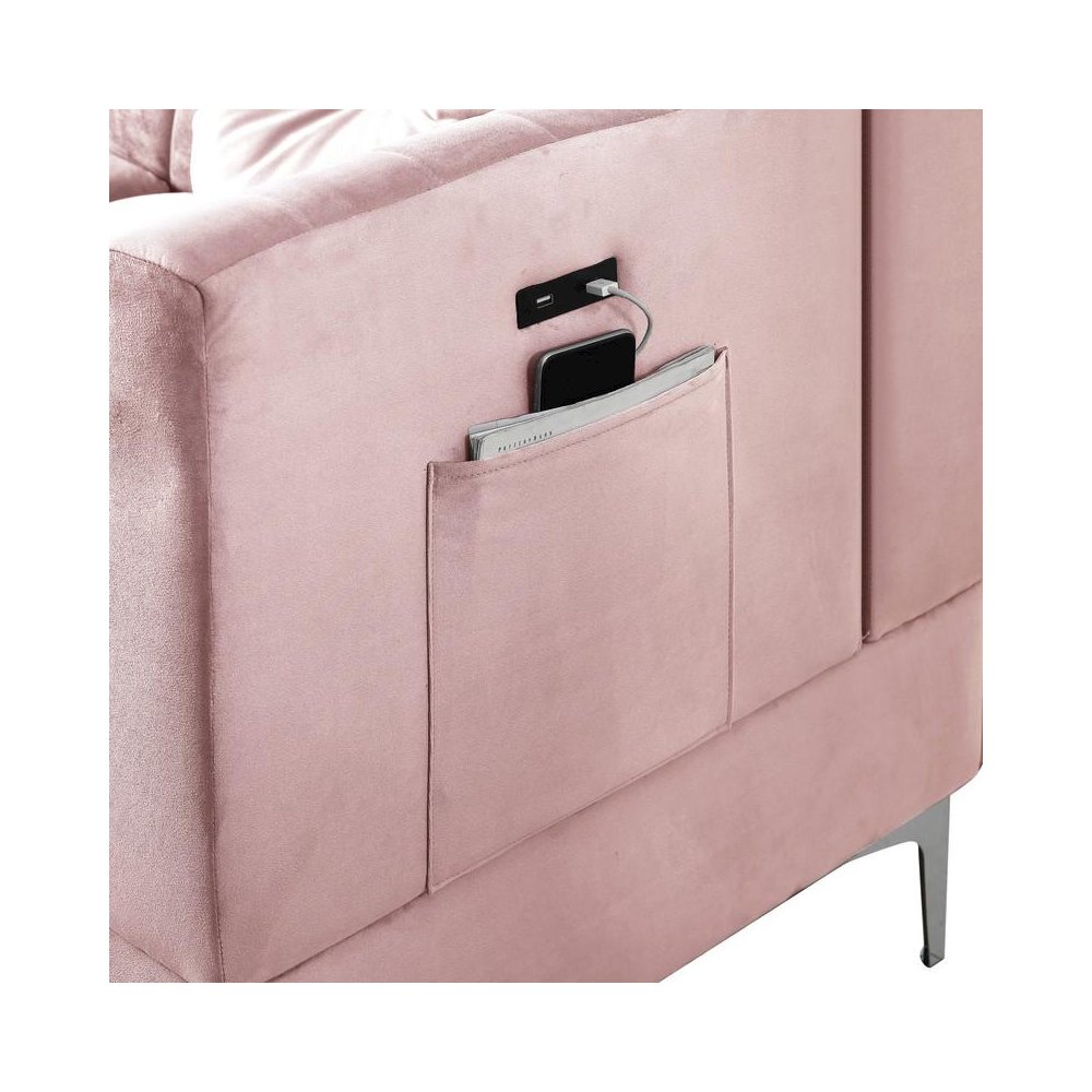 Chloe Pink Velvet Sectional Sofa Chaise with USB Charging Port