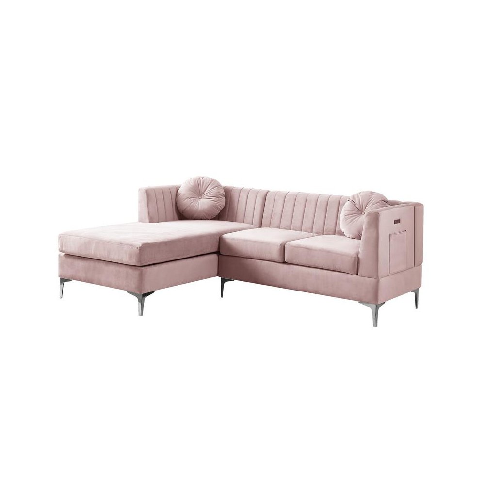 Chloe Pink Velvet Sectional Sofa Chaise with USB Charging Port