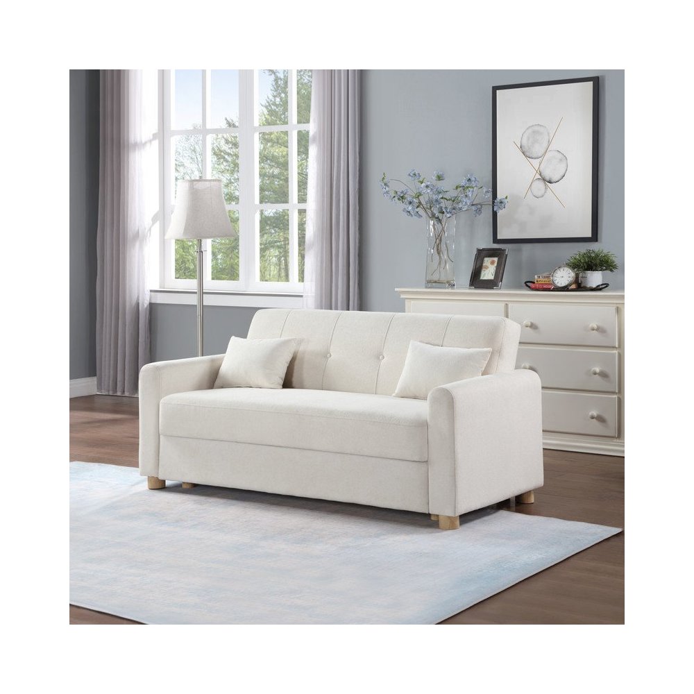 Thomas 66″W White Fabric Convertible Sleeper Loveseat with Storage