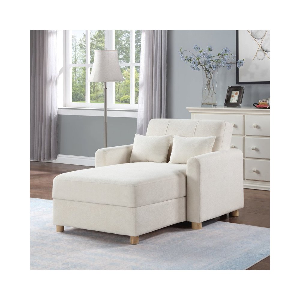 Thomas 42.5″W White Fabric Convertible Sleeper Chaise Lounge Chair with Storage