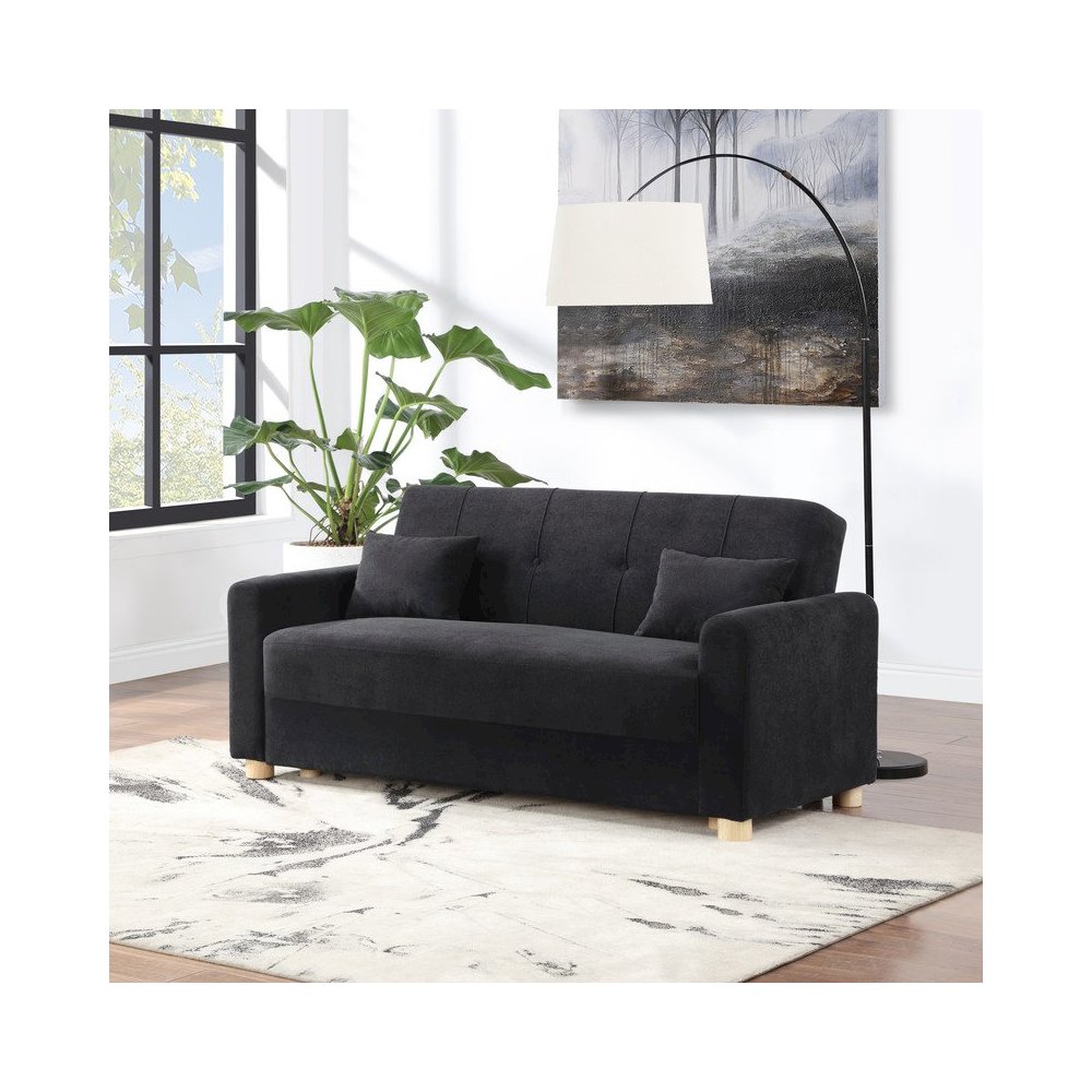 Thomas 66″W Black Fabric Convertible Sleeper Loveseat with Storage