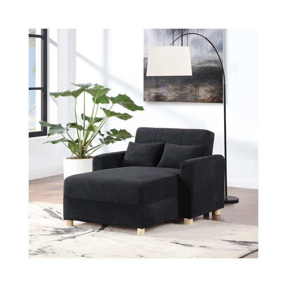 Thomas 42.5″W Black Fabric Convertible Sleeper Chaise Lounge Chair with Storage
