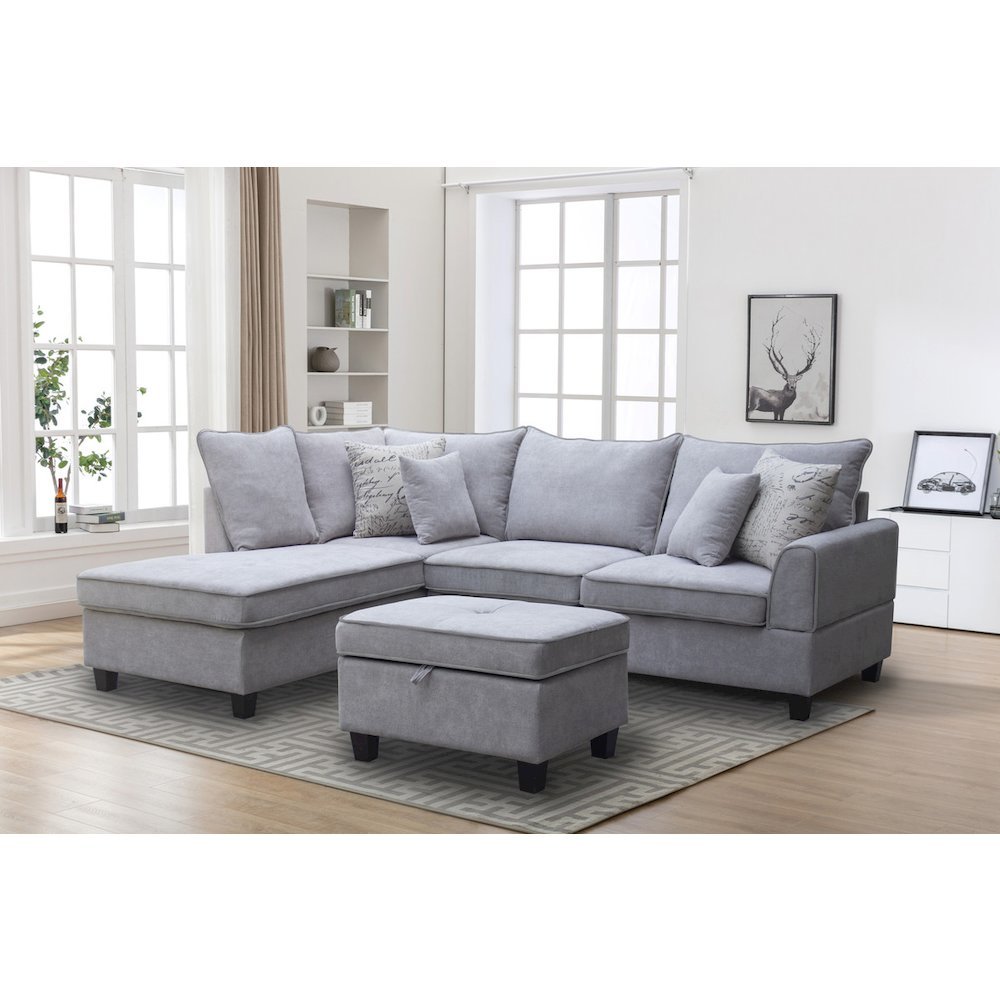 99.5″W Light Gray Fabric Sectional Sofa with Left-Facing Chaise Storage Ottoman