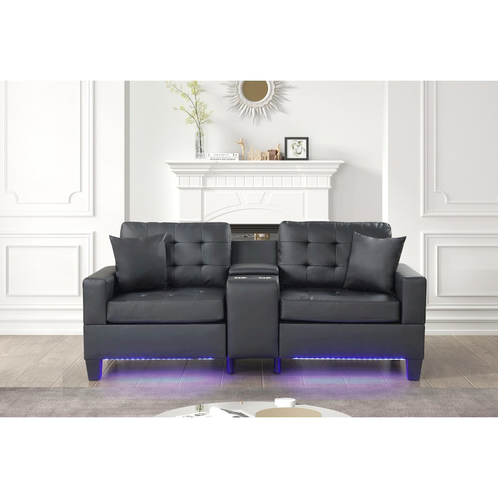 85″W Black PVC Fabric Sofa with LED Lights