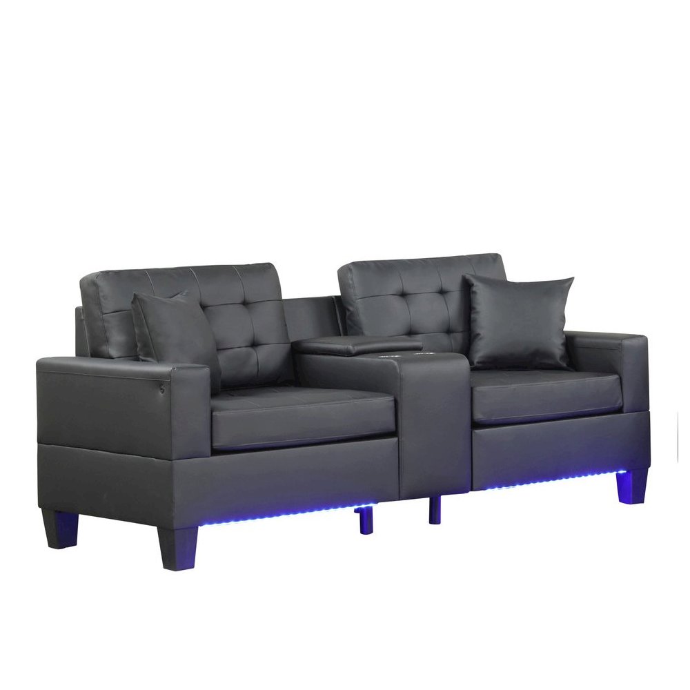 85″W Black PVC Fabric Sofa with LED Lights