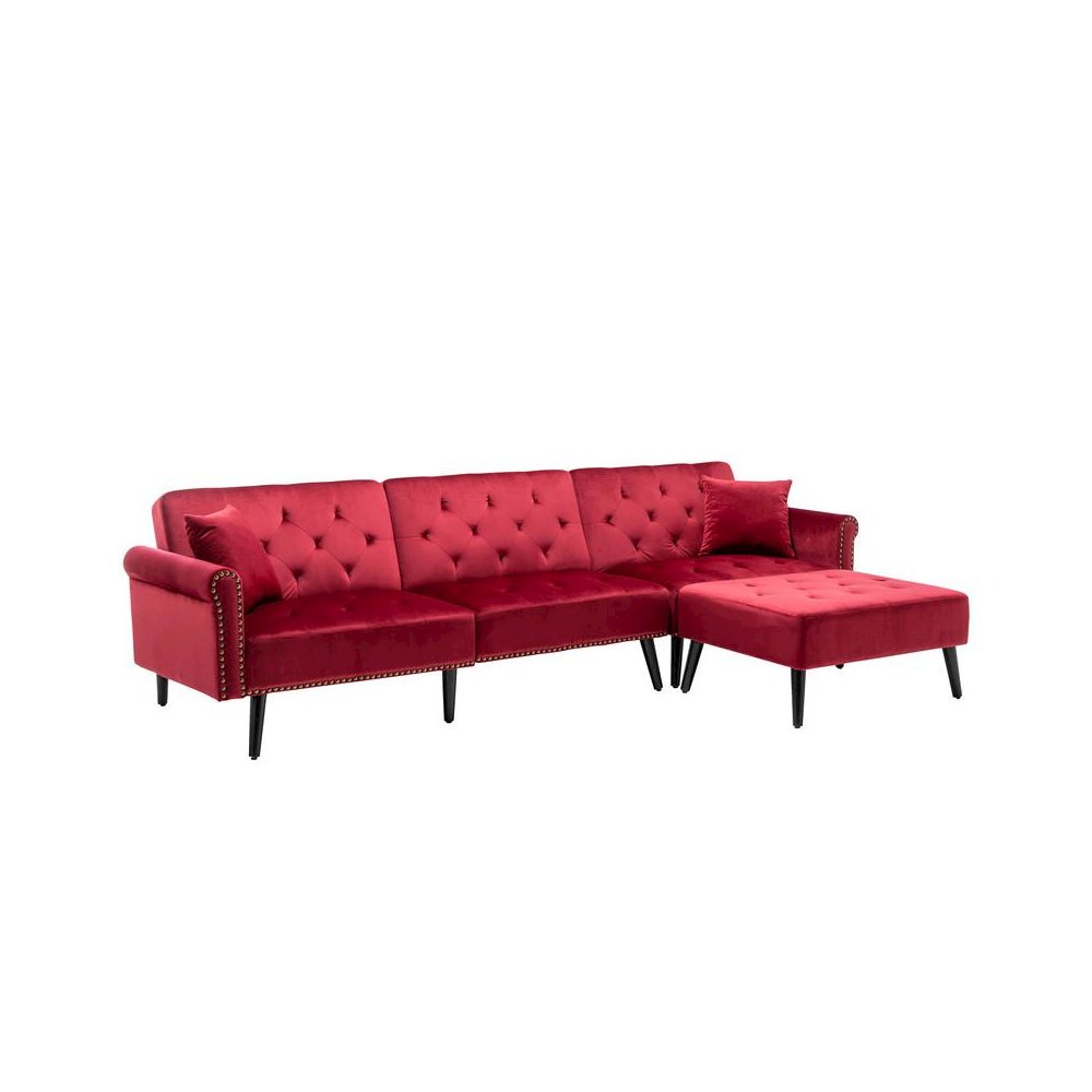 Piper Jujube Red Velvet Sofa Bed with Ottoman and 2 Accent Pillows