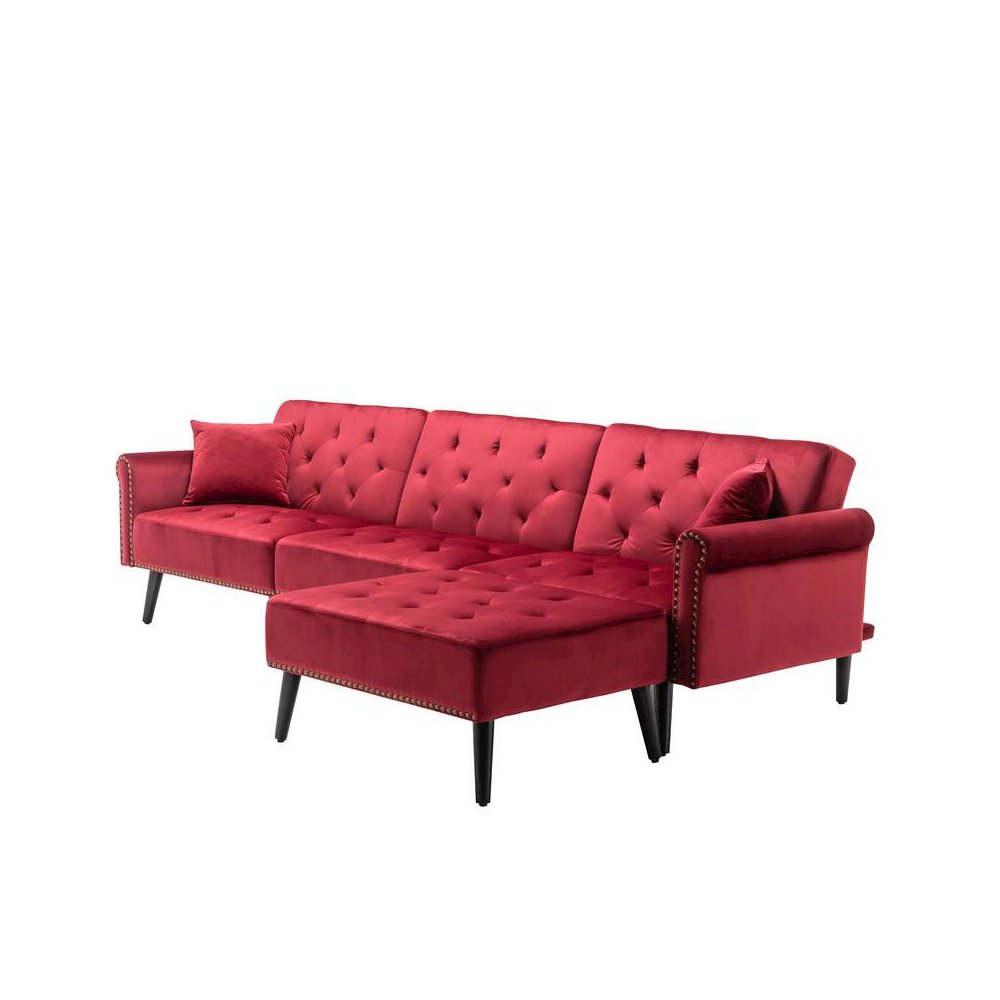 Piper Jujube Red Velvet Sofa Bed with Ottoman and 2 Accent Pillows