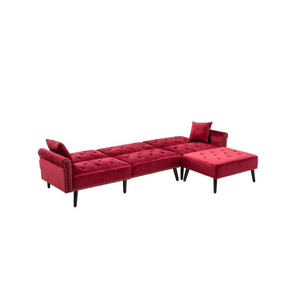 Piper Jujube Red Velvet Sofa Bed with Ottoman and 2 Accent Pillows