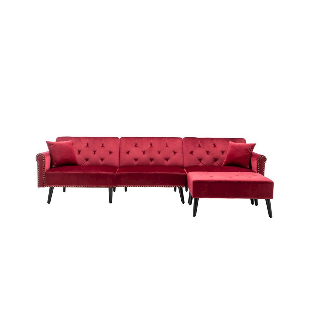 Piper Jujube Red Velvet Sofa Bed with Ottoman and 2 Accent Pillows